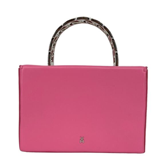 Amina Muaddi Superamini Pernille Leather Silver Chain Top Handle Bag in Pink - Picture 2 of 15